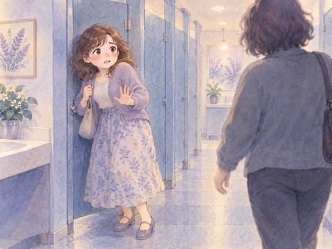 公共トイレの個室前で突然近づく人物を警戒する大人の女性