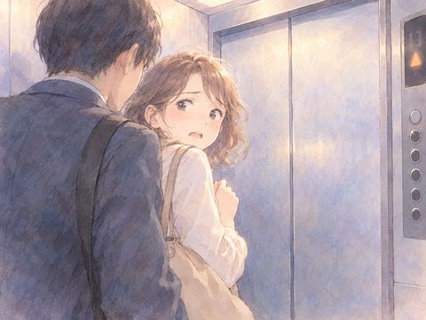エレベーター内で近づく男性から離れ、出口を見つめる大人の女性