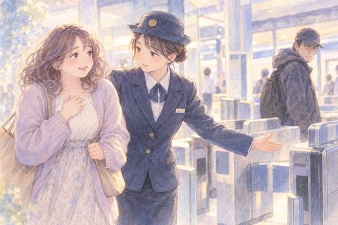 駅で不審な男性から離れ、女性駅員に助けられてほっとする大人の女性