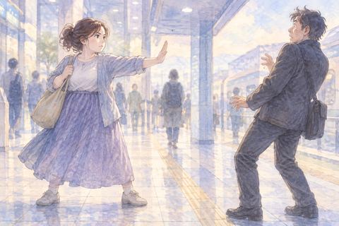 駅の通路で不審な男性を手のひらで制止し、毅然と立つ大人の女性