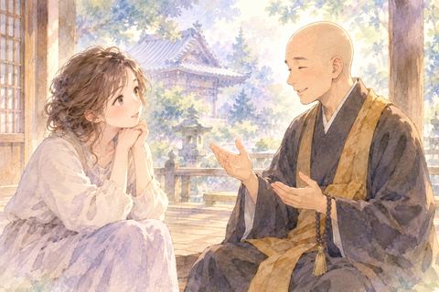 お坊さんと向かい合って話をする女性