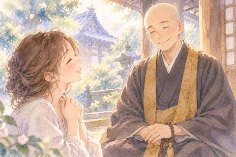 穏やかに笑うお坊さんを見て安心する女性
