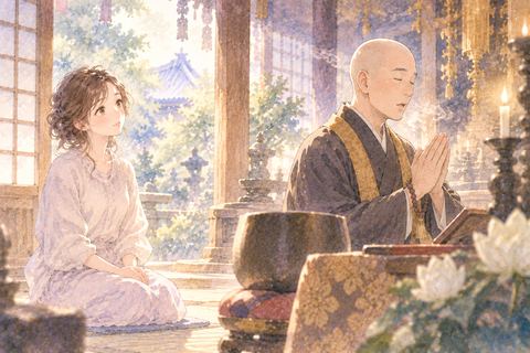 お経を唱えるお坊さんのそばで静かに聞く女性