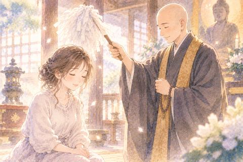 お坊さんにお祓いをしてもらう女性