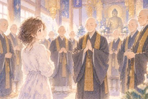大勢のお坊さんを前に立つ大人の女性