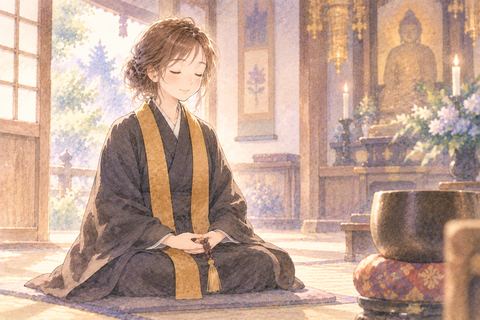 僧侶の姿になり静かに座る大人の女性