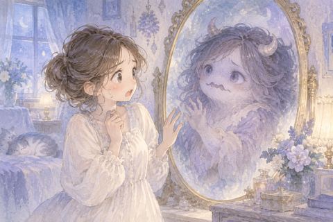 鏡に化け物の姿が映り驚く大人の女性