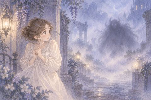 輪郭の曖昧な化け物を見つめる大人の女性
