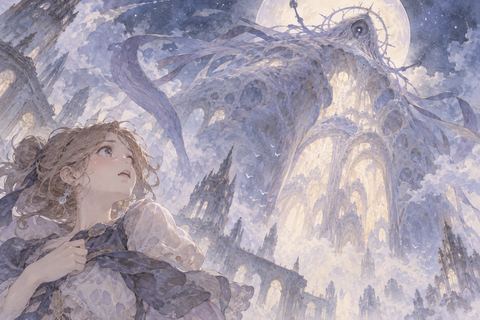 巨大な化け物を見上げる大人の女性