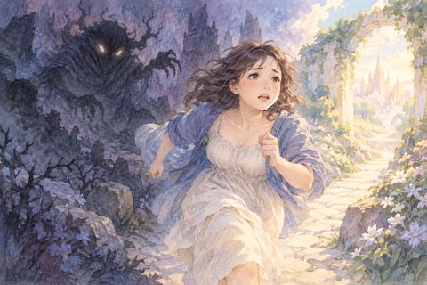 化け物から遠ざかろうと走る女性