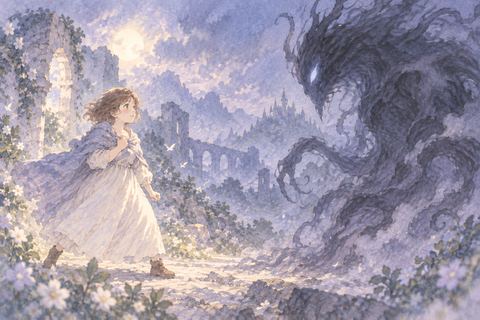 化け物に向かって身構える大人の女性