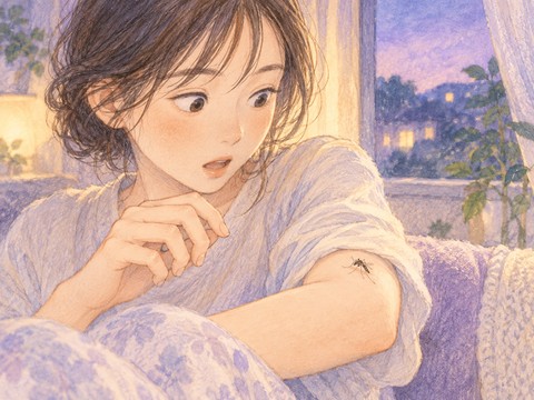 腕に止まった蚊に刺されて驚く女性