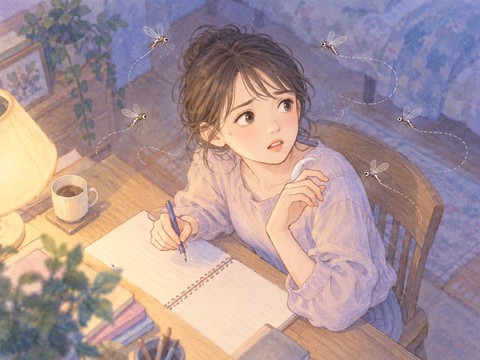 机に向かう女性の周囲を蚊が飛び回る場面