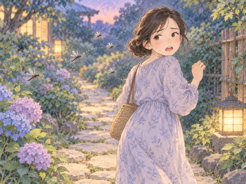 歩く女性に蚊がしつこくついてくる場面