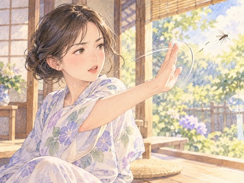 顔の前の蚊を手で追い払う女性