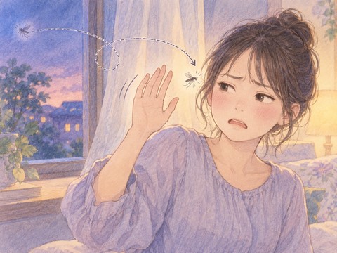 追い払った蚊が再び近づき、うんざりする女性
