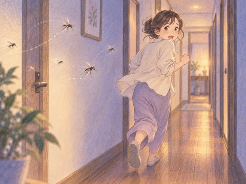 蚊から逃れようと廊下を駆ける女性