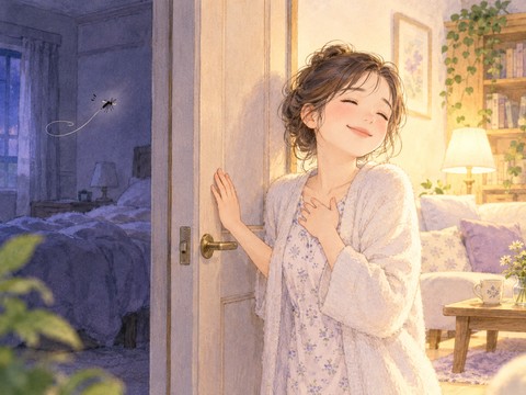 蚊のいない明るい部屋に逃げ切って安心する女性