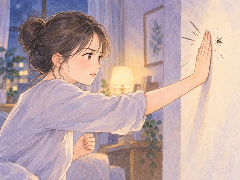 壁の蚊を手で叩いて退治する女性