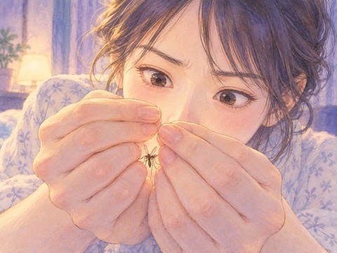 飛んでいた蚊を両手でそっと捕まえる女性