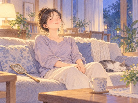 蚊を退治したあと晴れやかな表情でくつろぐ女性
