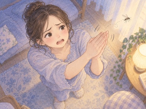 何度叩こうとしても蚊に逃げられる女性
