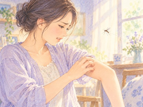 蚊に刺された腕をかゆそうにさする女性
