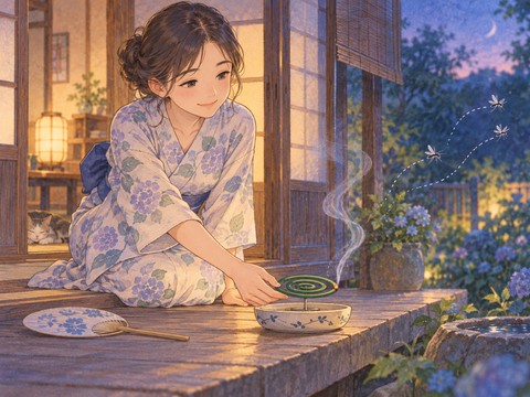 蚊取り線香を置き、遠ざかる蚊を見守る女性