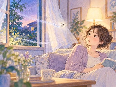 開いた窓から蚊が室内へ入ってきて困る女性