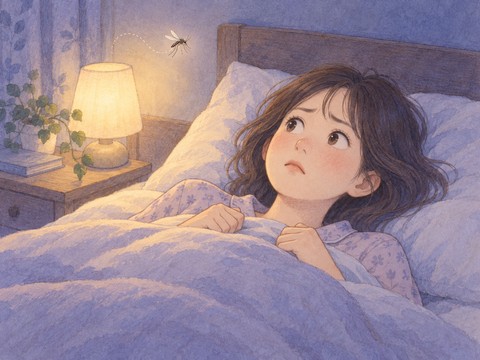 寝室で枕元の蚊を気にして眠れない女性