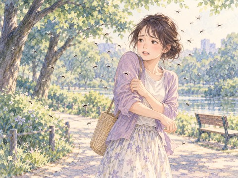 公園で多くの蚊に囲まれて困っている女性