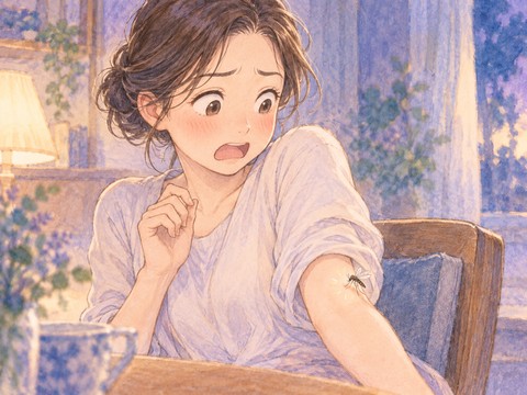 蚊に腕を刺され痛そうに身を引く女性