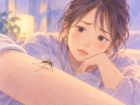 腕に止まって血を吸う蚊を不安そうに見つめる女性