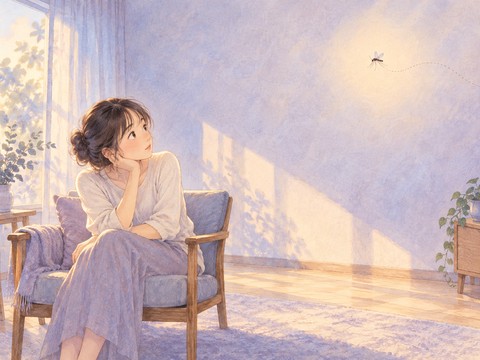 広い部屋で一匹の蚊をじっと目で追う女性