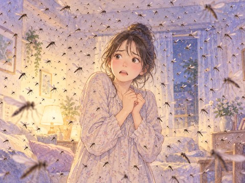 部屋いっぱいの蚊に囲まれ戸惑う女性