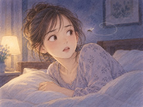 耳元を飛ぶ蚊の羽音を気にして振り向く女性