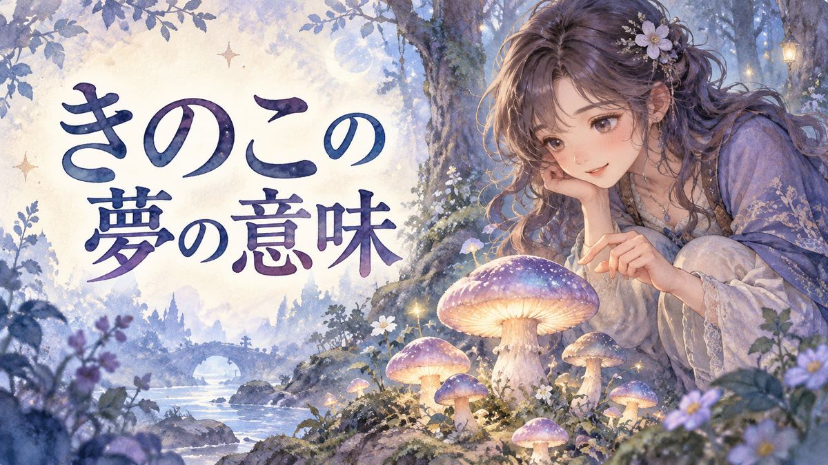 幻想的な森で色とりどりのきのこを見つめて微笑むアザミ
