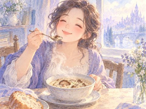 温かいきのこスープをおいしそうに味わう女性