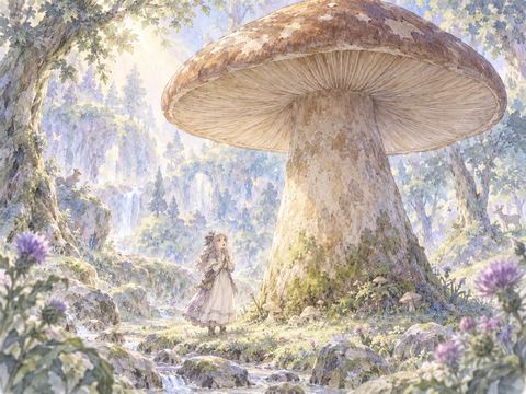 森で家ほど大きなきのこを見上げて驚く女性