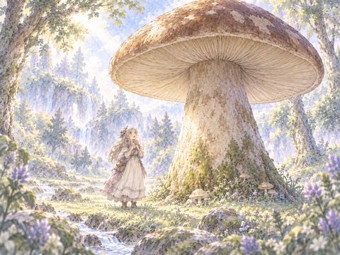 落ち葉の隙間に生えた小さなきのこを微笑んで眺める女性