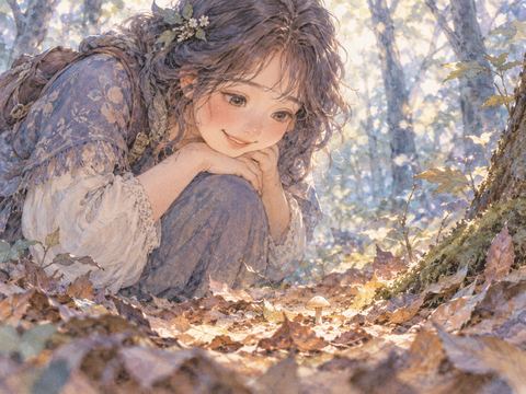 森一面に大量発生したきのこを見て戸惑う女性