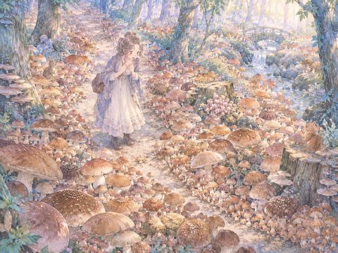 森の木陰で真っ白なきのこを見つめる女性