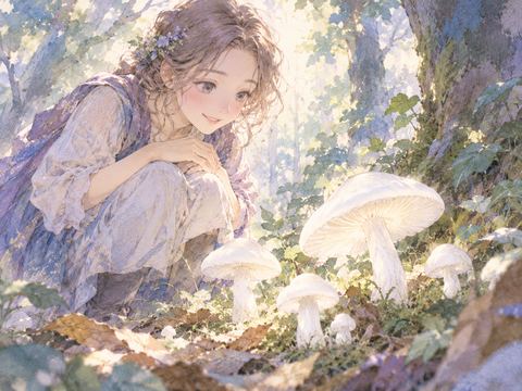 緑の草むらで鮮やかな赤いきのこを見つめる女性