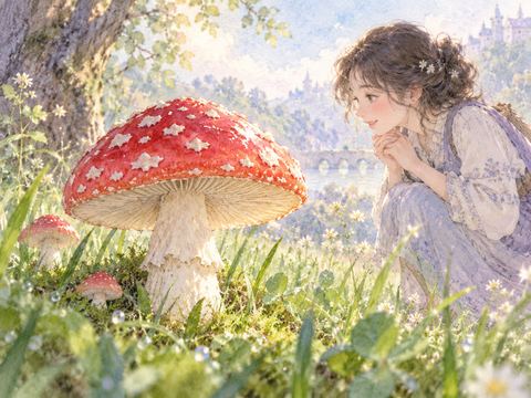 森の木の根元に生えたきのこを嬉しそうに見つける女性