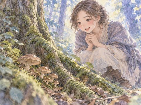 自宅の床から生えたきのこに驚いて立ち止まる女性