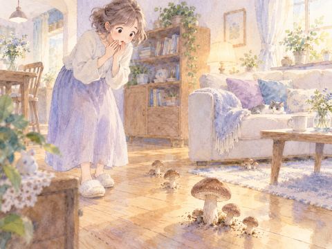 庭の植木鉢のそばに生えた小さなきのこを眺める女性