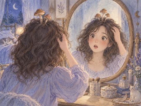 手のひらから生えた小さなきのこを見つめる女性