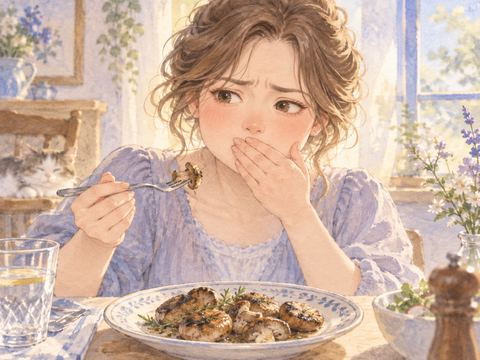 きのこを一口食べてまずそうに顔をしかめる女性