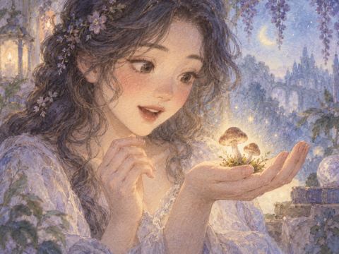 足首から生えた小さなきのこを見下ろす女性