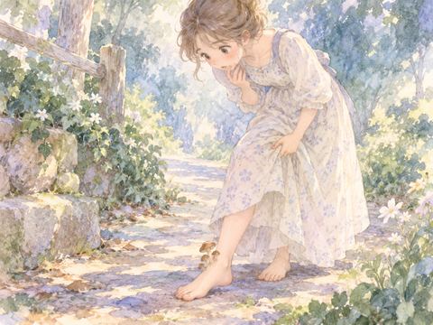 腕や肩から小さなきのこが生えて戸惑う女性